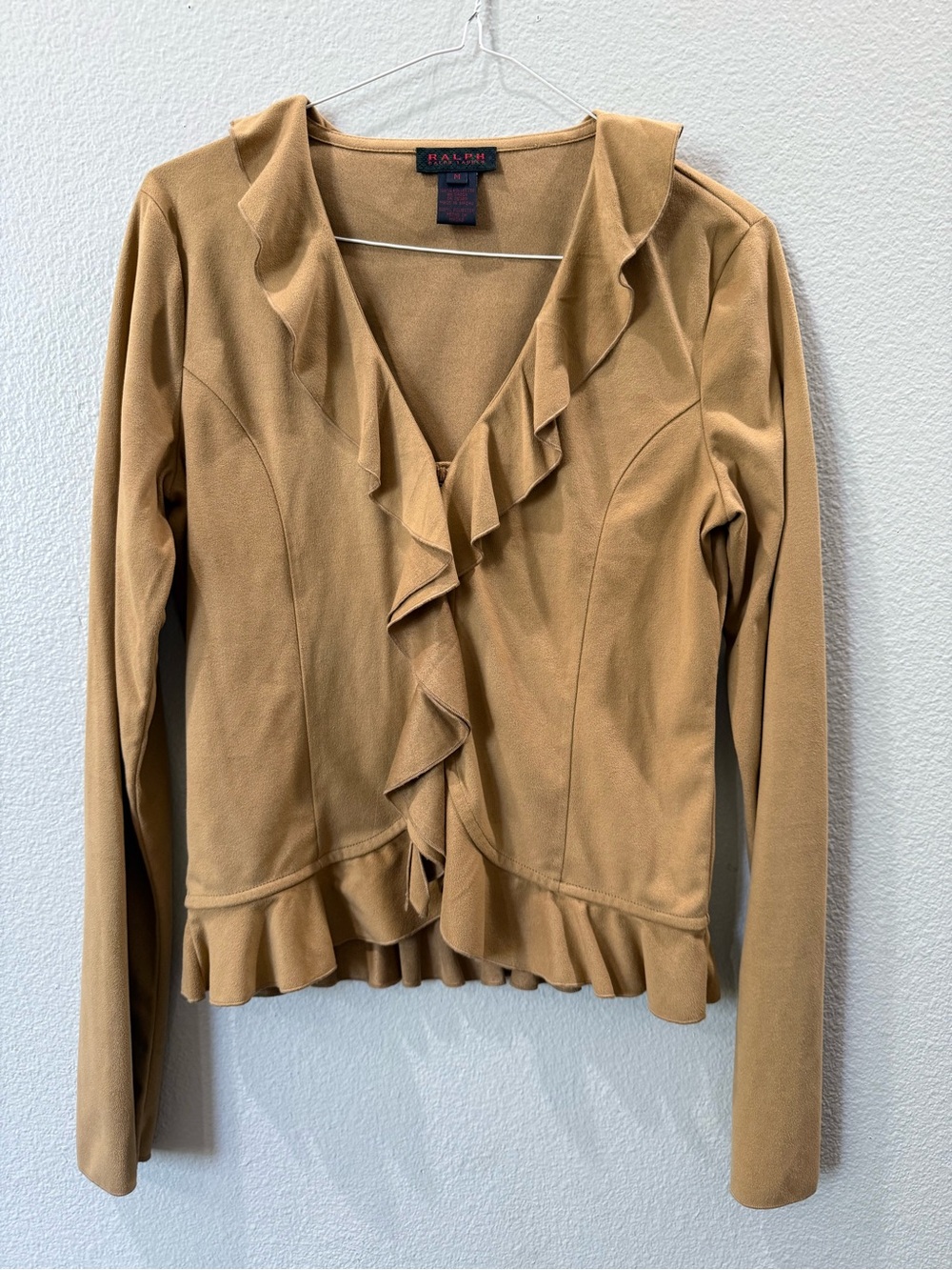 Ralph Lauren Tan Ruffle-Trim V-Neck Peplum Blouse - Picture 4 of 7